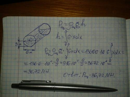 Цилиндрический резервуар с горизонтальной осью, и радиусом 3 м наполовину наполнен ртутью (плотность