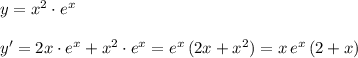 y=x^2\cdot e^{x}\\\\y'=2x\cdot e^{x}+x^2\cdot e^{x}=e^{x}\, (2x+x^2)=x\, e^{x}\, (2+x)