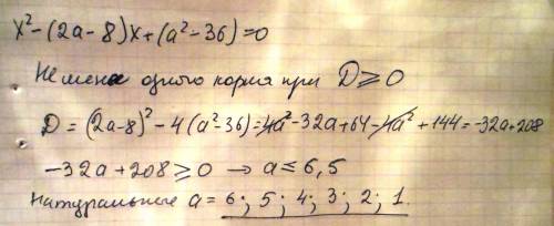 При каких натуральных значениях a уравнение x²-(2a-8)x+(a²-36)=0 имеет не менее одного корня? ответ: