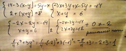 Решить, ! 1) решить систему уравнений: 14- 3 (x-y)= 5y -x 2+(x+y)=8 2) найти значение выражения: 1/4