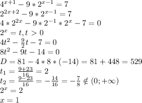 4^{x+1}-9*2^{x-1}=7\\&#10;2^{2x+2}-9*2^{x-1}=7\\&#10;4*2^{2x}-9*2^{-1}*2^x-7=0\\&#10;2^x=t, t\ \textgreater \ 0\\&#10;4t^2- \frac{9}{2}t-7=0\\&#10;8t^2-9t-14=0\\&#10;D= 81-4*8*(-14)=81+ 448=529\\ t_1= \frac{9+23}{16}= 2\\&#10;t_2= \frac{9-23}{16}= - \frac{14}{16}=- \frac{7}{8} \notin (0;+\infty)\\2^x=2\\x=1