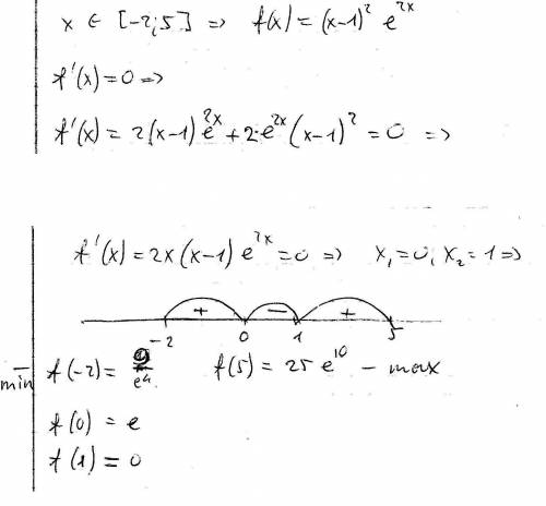 Вычеслить наибольшее и наименьшее значеие непрерывности на отрезке -2.5; е функции f(x)=(x-1)^2*e^2x
