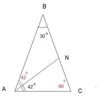 Втреугольнике abc an биссектрисса угол nac равен42° угол abc равен 30° найдите угол acb