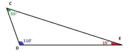 :у треугольника cde известно, что угол c=55 градусов, а угол d=110 градусов. укажите верную неравнас