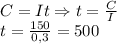 C=It\Rightarrow t= \frac{C}{I}\\&#10;t= \frac{150}{0,3}=500