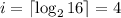 i = \lceil {\log_2{16}} \rceil = 4