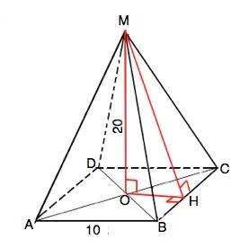 Восновании пирамиды - квадрат со стороной 10 см. и высота пирамиды равна 20 см. найти объем и площад