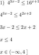 1)\; \; 4^{3x-2} \leq 16^{x+1}\\\\4^{3x-2} \leq 4^{2x+2}\\\\3x-2\leq 2x+2\\\\x \leq 4\\\\x\in (-\infty ,4\; ]