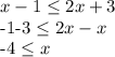 \displaystyle x-1 \leq 2x+3&#10;&#10;-1-3 \leq 2x-x&#10;&#10;-4 \leq x