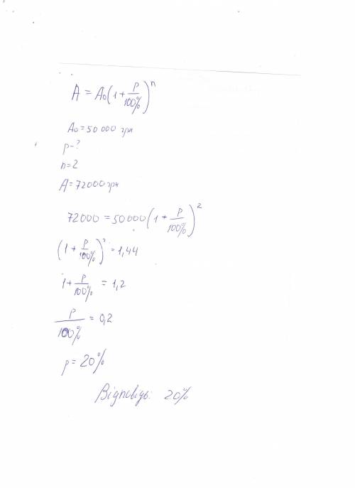 Вкладник поклав у банк 50 000 грн під деякий відсоток річних. через два роки на його рахунку стало 7