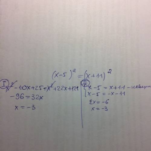 Решите уравнение (х-5)^2=(x+11)^2 !