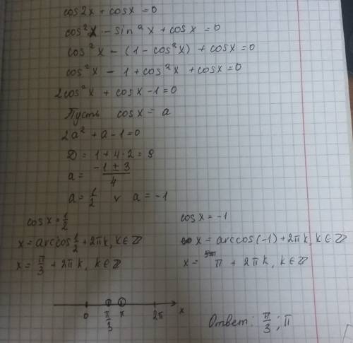 Найдите все решения уравнения: cos2x+cosx=0; принадлежащие отрезку [0; 2пи]