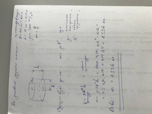 Диаметр цилиндрической головки сыра равен 20 см высота 12 см найти массу головки и если плотность ра