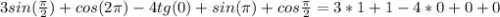 3sin( \frac{ \pi } {2}) +cos(2 \pi )-4tg(0)+sin( \pi )+cos \frac{ \pi } {2} =3*1+1-4*0+0+0