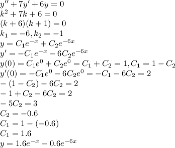 y''+7y'+6y=0\\k^2+7k+6=0\\(k+6)(k+1)=0\\k_1=-6,k_2=-1\\y=C_1e^{-x}+C_2e^{-6x}\\y'=-C_1e^{-x}-6C_2e^{-6x}\\y(0)=C_1e^0+C_2e^0=C_1+C_2=1, C_1=1-C_2\\y'(0)=-C_1e^0-6C_2e^0=-C_1-6C_2=2\\-(1-C_2)-6C_2=2\\-1+C_2-6C_2=2\\-5C_2=3\\C_2=-0.6\\C_1=1-(-0.6)\\C_1=1.6\\y=1.6e^{-x}-0.6e^{-6x}&#10;