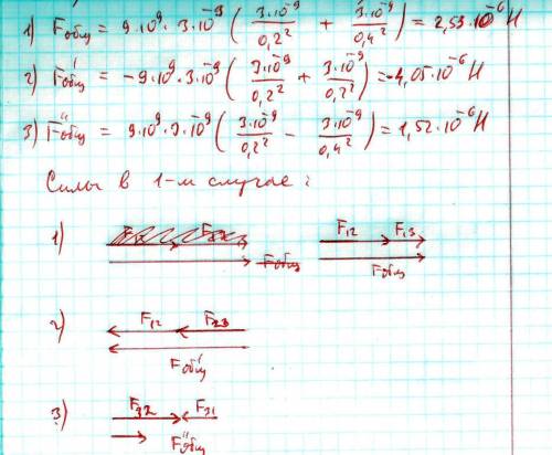 Три точечных заряда q1=3·10-9 кл и q2= q3 = -3·10-9 кл расположены вдоль прямой так, что второй заря