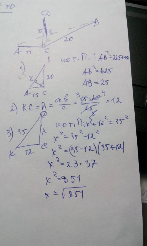 Решить по ! катеты прямоугольного треугольника авс равны 15 и 20 м. из вершины прямого угла с провед