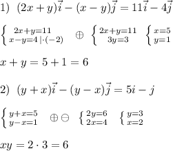 1)\; \; (2x+y)\vec{i}-(x-y)\vec{j}=11\vec{i}-4\vec{j}\\\\ \left \{ {{2x+y=11\; \; \; } \atop {x-y=4\, |\cdot (-2)}} \right. \; \; \oplus \; \left \{ {{2x+y=11} \atop {3y=3}} \right. \; \left \{ {{x=5} \atop {y=1}} \right. \\\\x+y=5+1=6\\\\2)\; \; (y+x)\vec{i}-(y-x)\vec{j}=5i-j\\\\ \left \{ {{y+x=5} \atop {y-x=1}} \right. \; \; \oplus \ominus \; \; \left \{ {{2y=6} \atop {2x=4}} \right. \; \; \left \{ {{y=3} \atop {x=2}} \right. \\\\xy=2\cdot 3=6