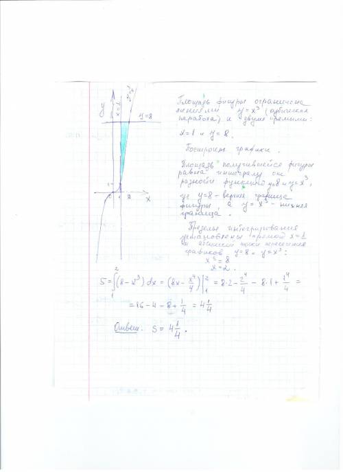 Найти площадь фигуры ограниченной линиями y = x^3 y=8 x=1 если можно то с графиком !