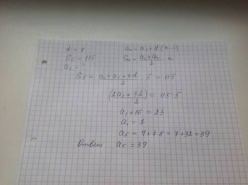 Різниця арифметичної прогресії =8 , а сума перших пяти її членів - 115. знайдіть пятий член цієї про
