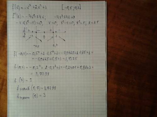 Найти наибольшее и наименьшее значение функции f(x)=-x^4+2x^2+3 на отрезке [-0,5; 0,7]