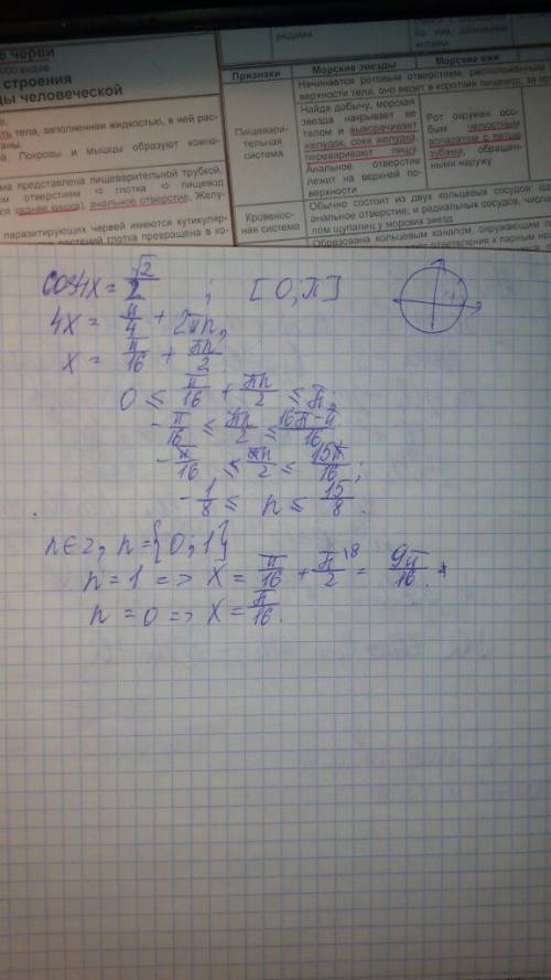 Найти все решения уравнения cos4x=√2/2 на отрезке [0; pi]