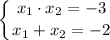 \displaystyle \left \{ {{x_1\cdot x_2=-3} \atop {x_1+x_2=-2}} \right.