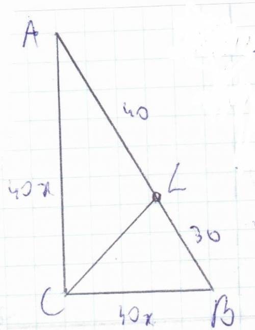 Рівновіддалена від катетів точка гіпотенузи прямокутного трикутника ділить її на відрізки 30 і 40 см