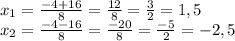 x_1= \frac{-4+16}{8} = \frac{12}{8} = \frac{3}{2} =1,5 \\ x_2= \frac{-4-16}{8} = \frac{-20}{8} = \frac{-5}{2} =-2,5