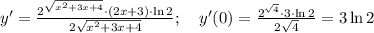 y'=\frac{2^{\sqrt{x^2+3x+4}}\cdot(2x+3)\cdot \ln 2}{2\sqrt{x^2+3x+4}};\quad y'(0)=\frac{2^{\sqrt{4}}\cdot3\cdot \ln 2}{2\sqrt{4}}=3\ln 2