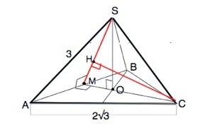 Вправильной треугольной пирамиде sabc (с вершиной s) сторона основания равна 2√3, а боковое ребро ра