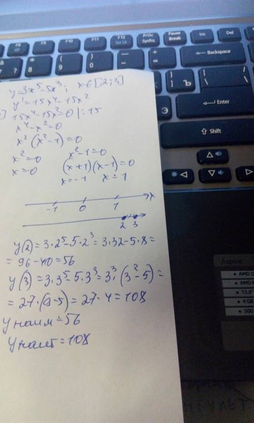 Найти наибольшее и наименьшее значения функции на отрезке. y=3x^5-5x^3 [2; 3]