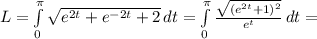 L= \int\limits^ \pi _0 { \sqrt{e^{2t}+e^{-2t}+2}}\,dt= \int\limits^ \pi _0 { \frac{ \sqrt{(e^{2t}+1)^2}}{e^t} }\,dt=