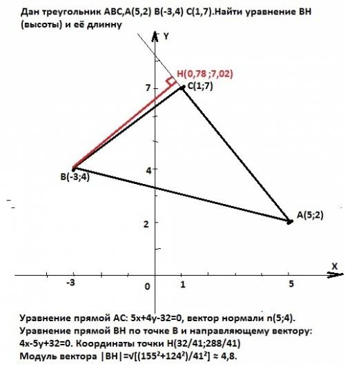 Дан треугольник abc,a(5,2) b(-3,4) c(1,7).найти уравнение bh(высоты) и её длинну