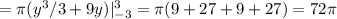 = \pi (y^3/3+9y)|^3_{-3}= \pi (9+27+9+27)=72 \pi