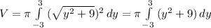 V= \pi \int\limits^3_{-3} {( \sqrt{y^2+9} )^2} \, dy = \pi \int\limits^3_{-3} {(y^2+9)} \, dy