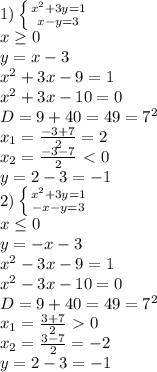 1) \left \{ {{x^2+3y=1} \atop {x-y=3}} \right. \\x \geq 0 \\y=x-3 \\x^2+3x-9=1 \\x^2+3x-10=0 \\D=9+40=49=7^2 \\x_1= \frac{-3+7}{2}=2 \\x_2= \frac{-3-7}{2}\ \textless \ 0 \\y=2-3=-1 \\2) \left \{ {{x^2+3y=1} \atop {-x-y=3}} \right. \\x \leq 0 \\y=-x-3 \\x^2-3x-9=1 \\x^2-3x-10=0 \\D=9+40=49=7^2 \\x_1= \frac{3+7}{2}\ \textgreater \ 0 \\x_2= \frac{3-7}{2}=-2 \\y=2-3=-1