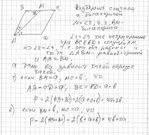 Бісектриса кута паралелограма ділить одну із його сторін на вірізки а і в виначити p парелограма