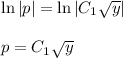 \ln|p|=\ln|C_1 \sqrt{y}|\\ \\ p=C_1 \sqrt{y}