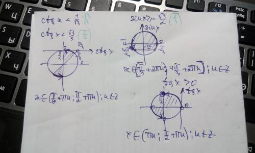 Решение тригонометрических неравенств 1) ctgx< 1/√3 2) sinx⩾ - √3/2 3) tgx> 0 решить графическ