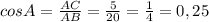 cosA= \frac{AC}{AB} = \frac{5}{20} = \frac{1}{4} =0,25