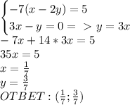 \begin{cases}-7(x-2y)=5\\3x-y=0=\ \textgreater \ y=3x\end{cases}\\-7x+14*3x=5\\35x=5\\x=\frac{1}{7}\\y=\frac{3}{7}\\OTBET:(\frac{1}{7};\frac{3}{7})