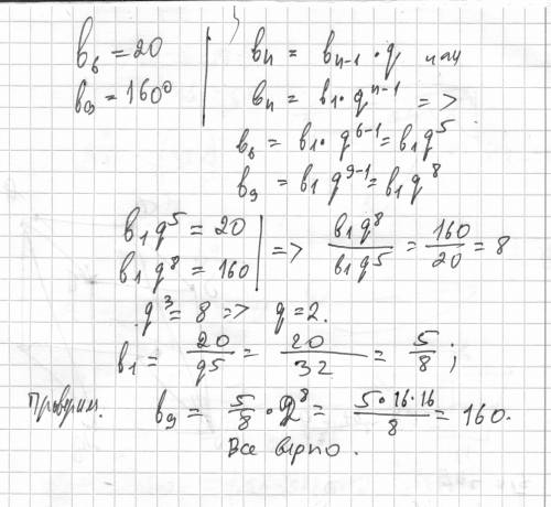 Дана прогрессия (bn), для которой b6=20, b9=160. найдите знаменатель прогрессии.