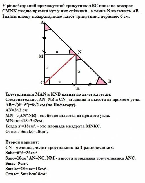 Урівнобедрений прямокутний трикутник abc вписано квадрат cmnk так,що прямий кут у них спільний , а т