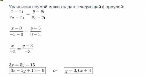 Задайте формулою лінійну функцію, графік якої перетинає осі координат у точках (0; 3) і ( - 5; 0).