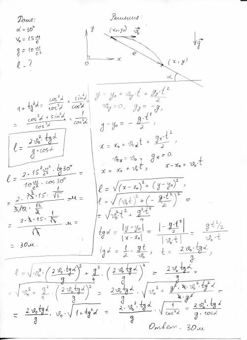 На горе с углом наклона к горизонту 30° горизонтально бросают мяч с начальной скоростью 15 м/с. на к