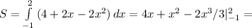 S= \int\limits^2_{-1} {(4+2x-2x^2)} \, dx =4x+x^2-2x^3/3|^2_{-1}=