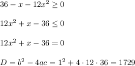 36-x-12x^2 \geq 0\\ \\ 12x^2+x-36 \leq 0\\ \\12x^2+x-36=0\\ \\ D=b^2-4ac=1^2+4\cdot12\cdot 36=1729