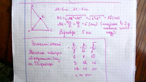 Один з катетів прямокутного трикутника дорівнює 6 см. другий катет дорівнює 8 см. знайдіть довжину м