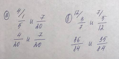 Дроби к общему знаменателю а) 1/5 и 7/20 б) 3/7 и 5/12